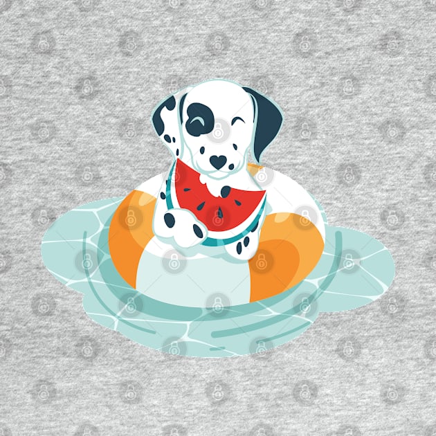 Summer pool pawty // aqua background Dalmatian dog breed in vacation playing on swimming pool by SelmaCardoso